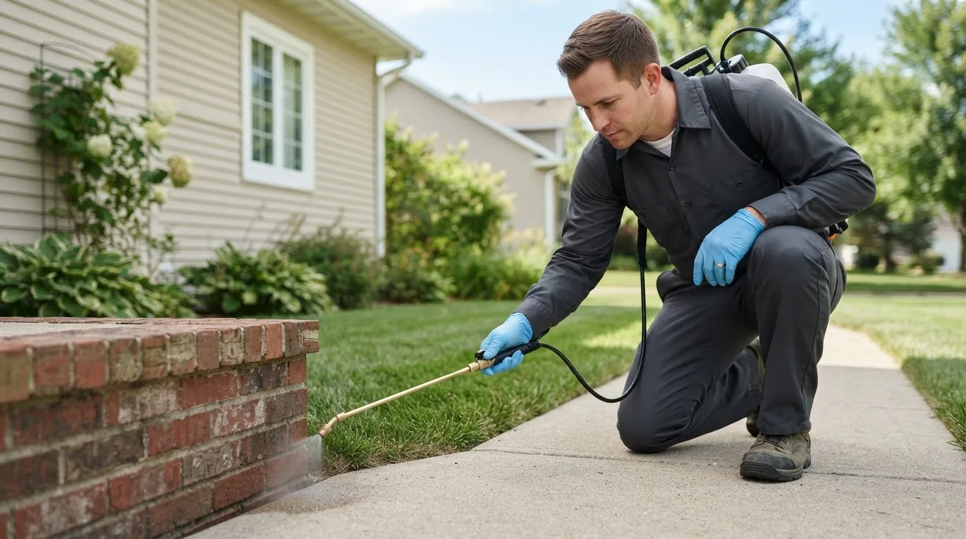 Pest control technician treating a home near Waxahachie, TX